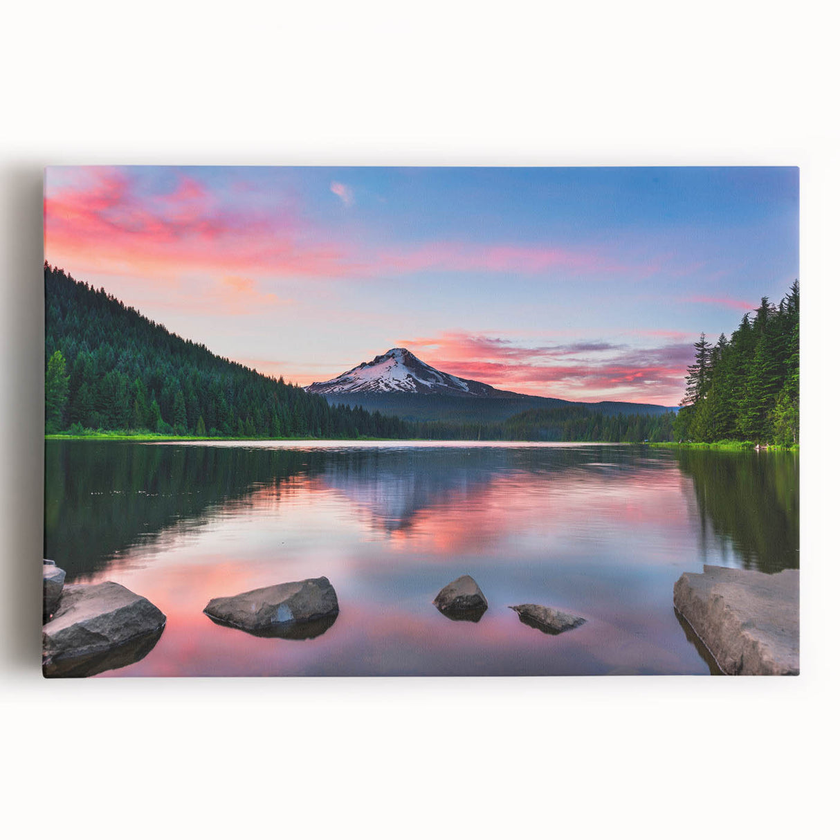 Stretched canvas wall art showcasing a breathtaking mountain landscape, featuring vibrant colors and intricate details, perfect for enhancing home decor.