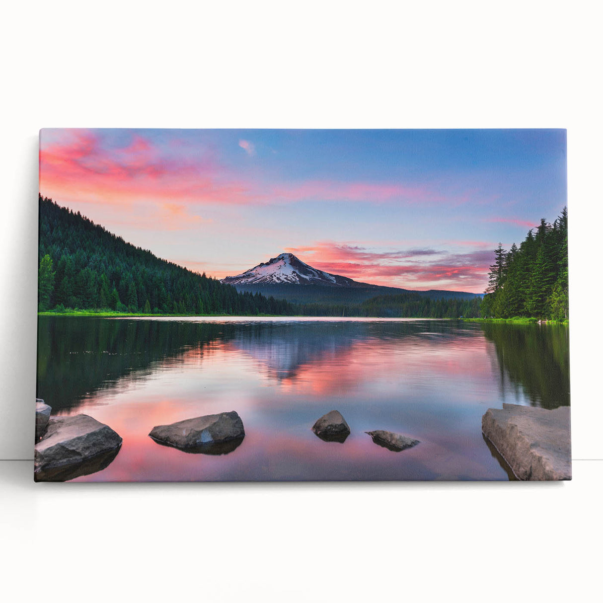 Stretched canvas wall art showcasing a serene mountain landscape, featuring soft blue and green hues with a textured finish, perfect for home decor.