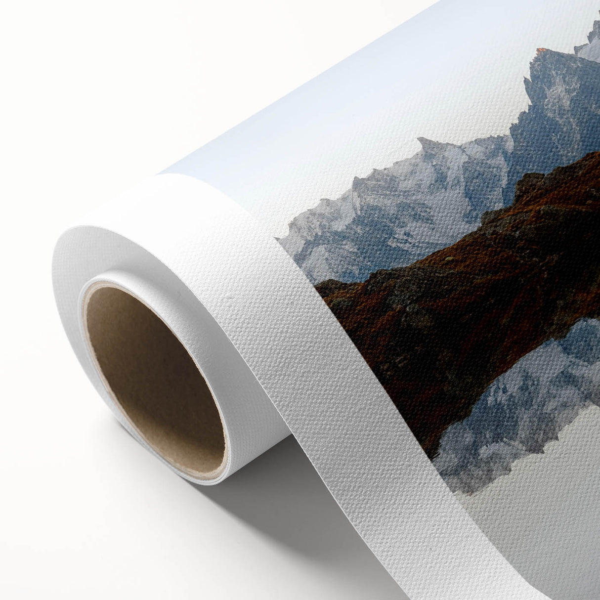 Vibrant rolled canvas featuring a stunning mountain landscape design with rich colors and intricate details, ideal for enhancing home decor and creating a serene atmosphere.