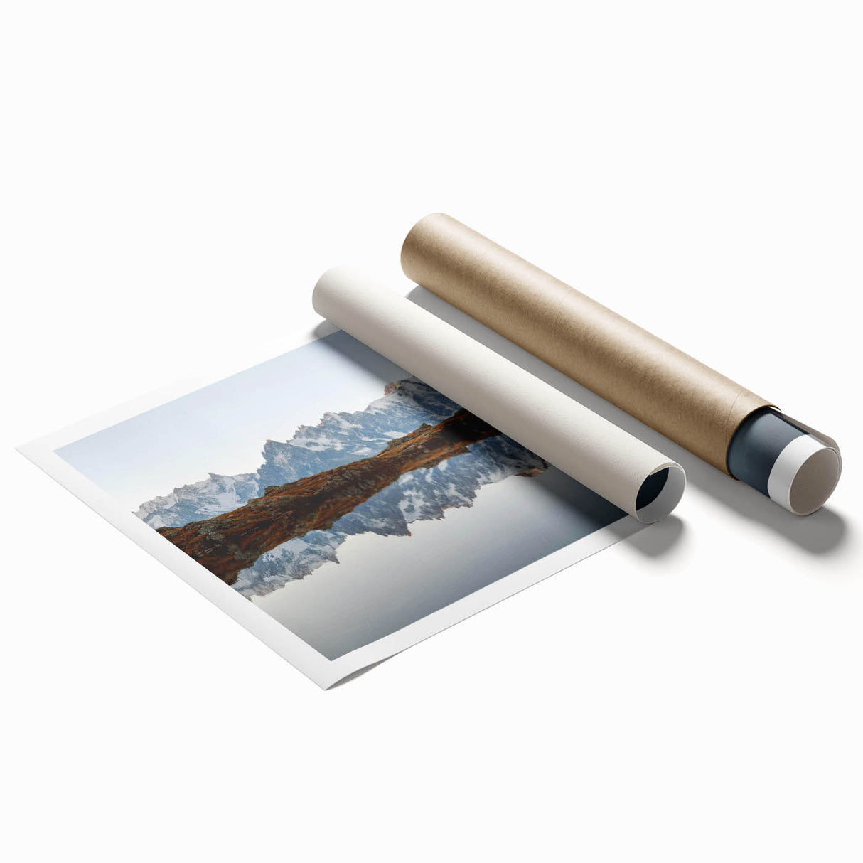 Vibrant rolled canvas print of a serene mountain landscape, showcasing colorful peaks under a bright blue sky, perfect for enhancing any home decor.