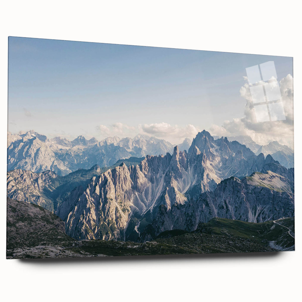 Acrylic glass wall art collection showcasing a stunning mountain landscape design. The piece features vibrant colors and intricate details, perfect for modern home decor.
