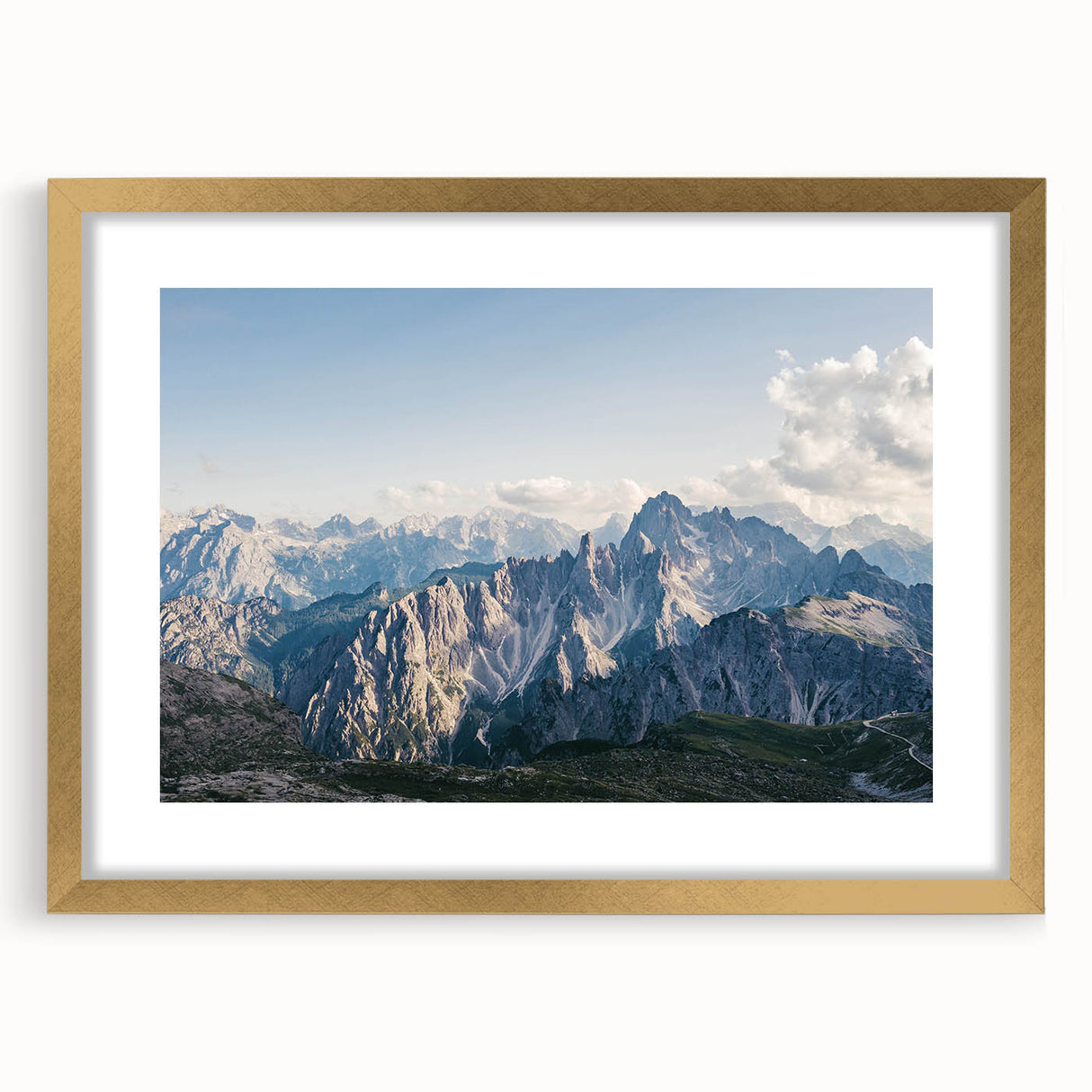 Gold-framed landscape wall art featuring a stunning mountain design with a mat, ideal for enhancing home decor. Perfect addition to modern living spaces.