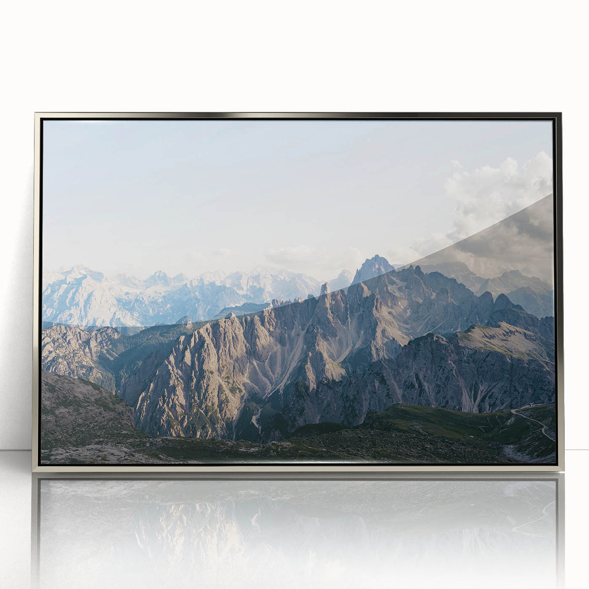 Framed acrylic wall art showcasing a breathtaking mountain landscape design in silver tones, perfect for enhancing modern decor. Ideal for nature lovers and interior design enthusiasts.