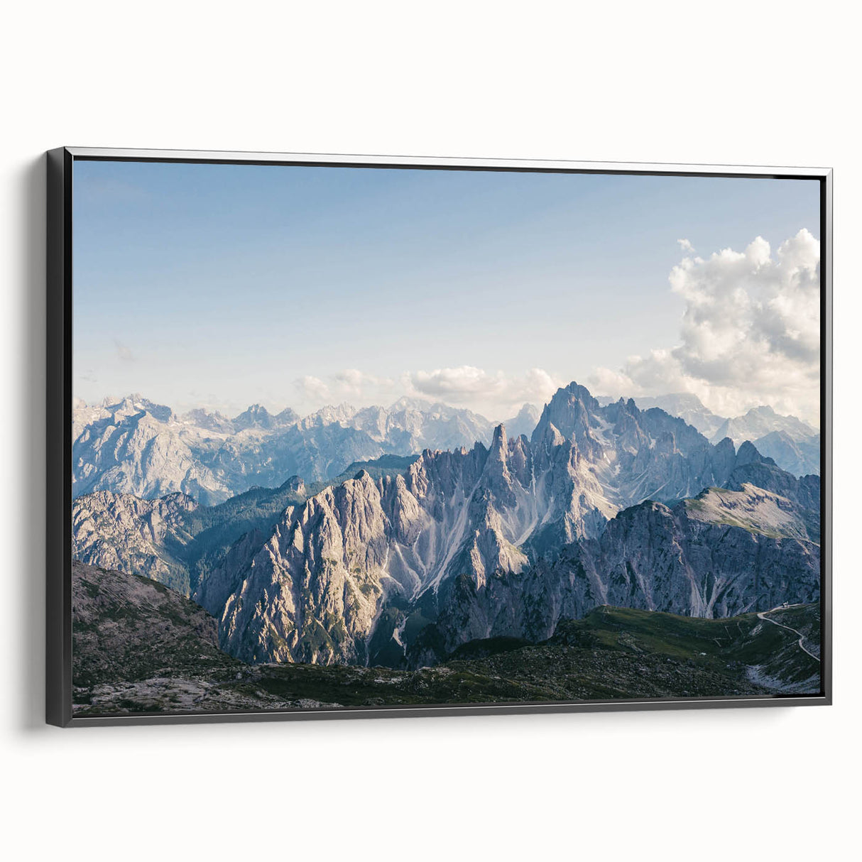 Framed canvas wall art showcasing a stunning mountain landscape design with vibrant colors and intricate details, set against a sleek black frame, ideal for modern decor.