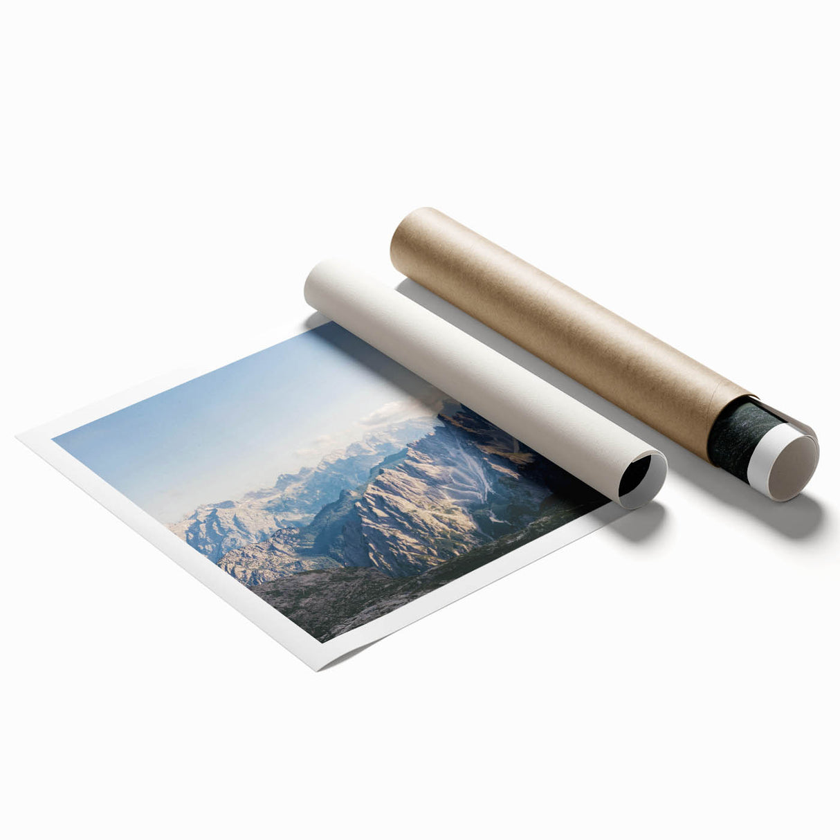 Stunning rolled print of mountain landscapes, showcasing vibrant colors and intricate details, perfect for home decor or office art collection.
