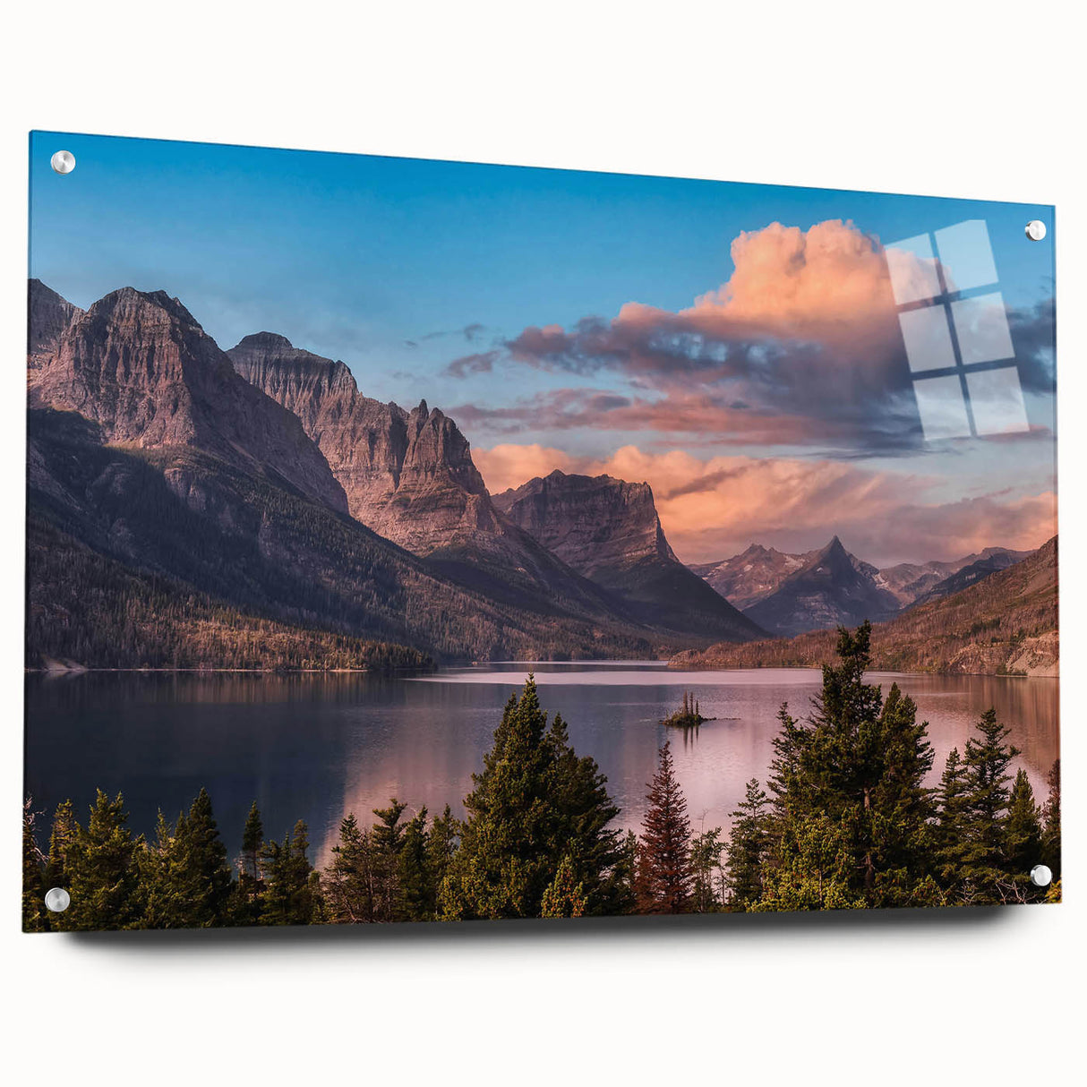Acrylic glass wall art collection showcasing a stunning mountain landscape design, viewed from the side with stylish pins for display, perfect for home decor.