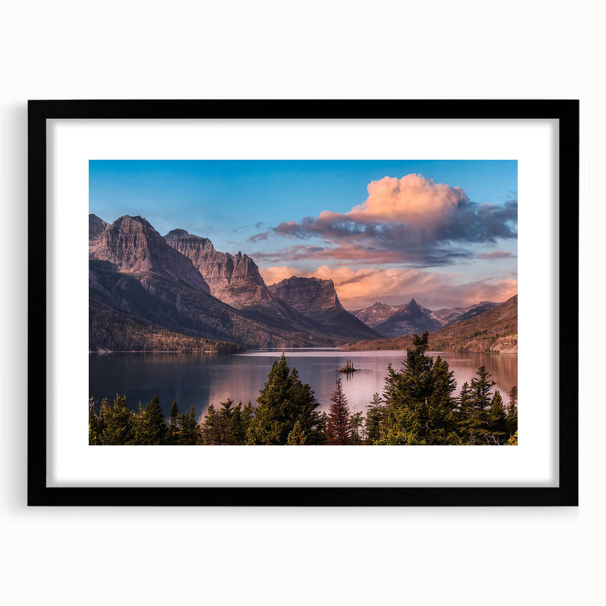 Framed wall art collection showcasing a stunning mountain landscape design with a black mat and frame, perfect for modern home decor.