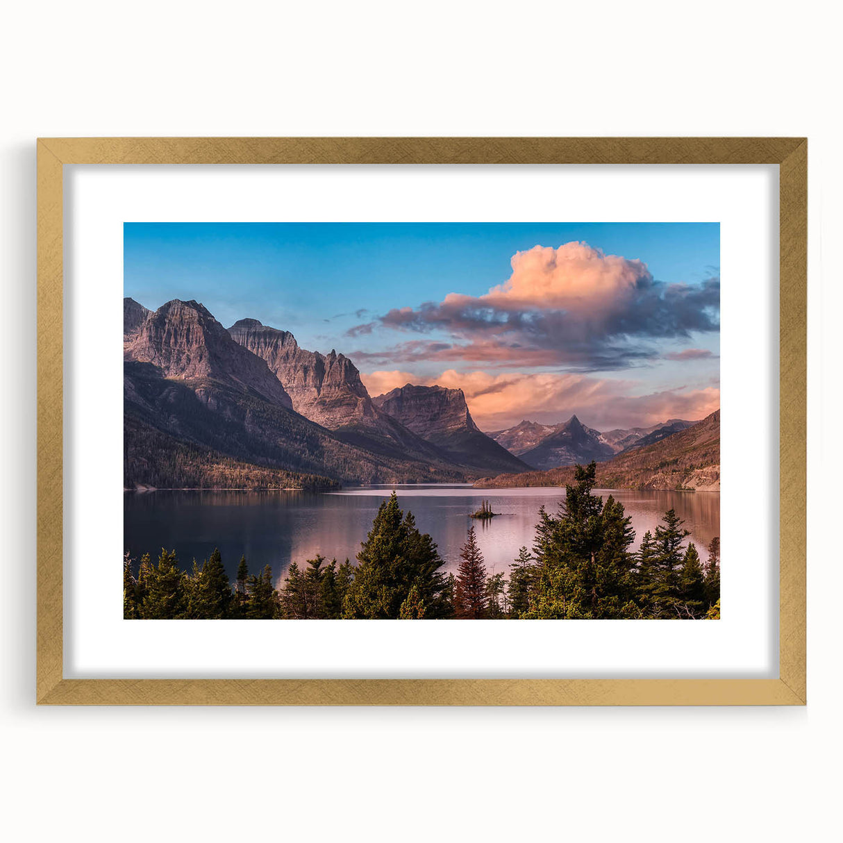 Framed landscape wall art collection featuring majestic mountains in a gold frame with a white mat, ideal for enhancing home decor with nature-inspired elegance.