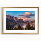Framed landscape wall art collection featuring majestic mountains in a gold frame with a white mat, ideal for enhancing home decor with nature-inspired elegance.