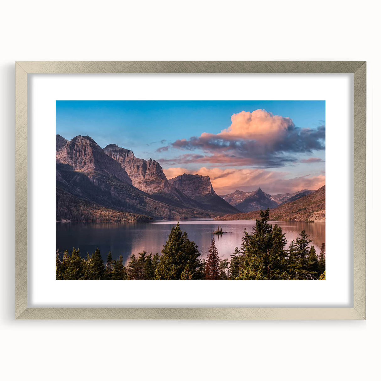 Framed landscape wall art collection featuring majestic mountains with a silver mat, perfect for enhancing modern home décor and adding a touch of nature-inspired elegance.