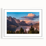 Framed wall art collection showcasing a serene mountain landscape design, featuring soft pastel colors and a white mat, ideal for modern home decor.
