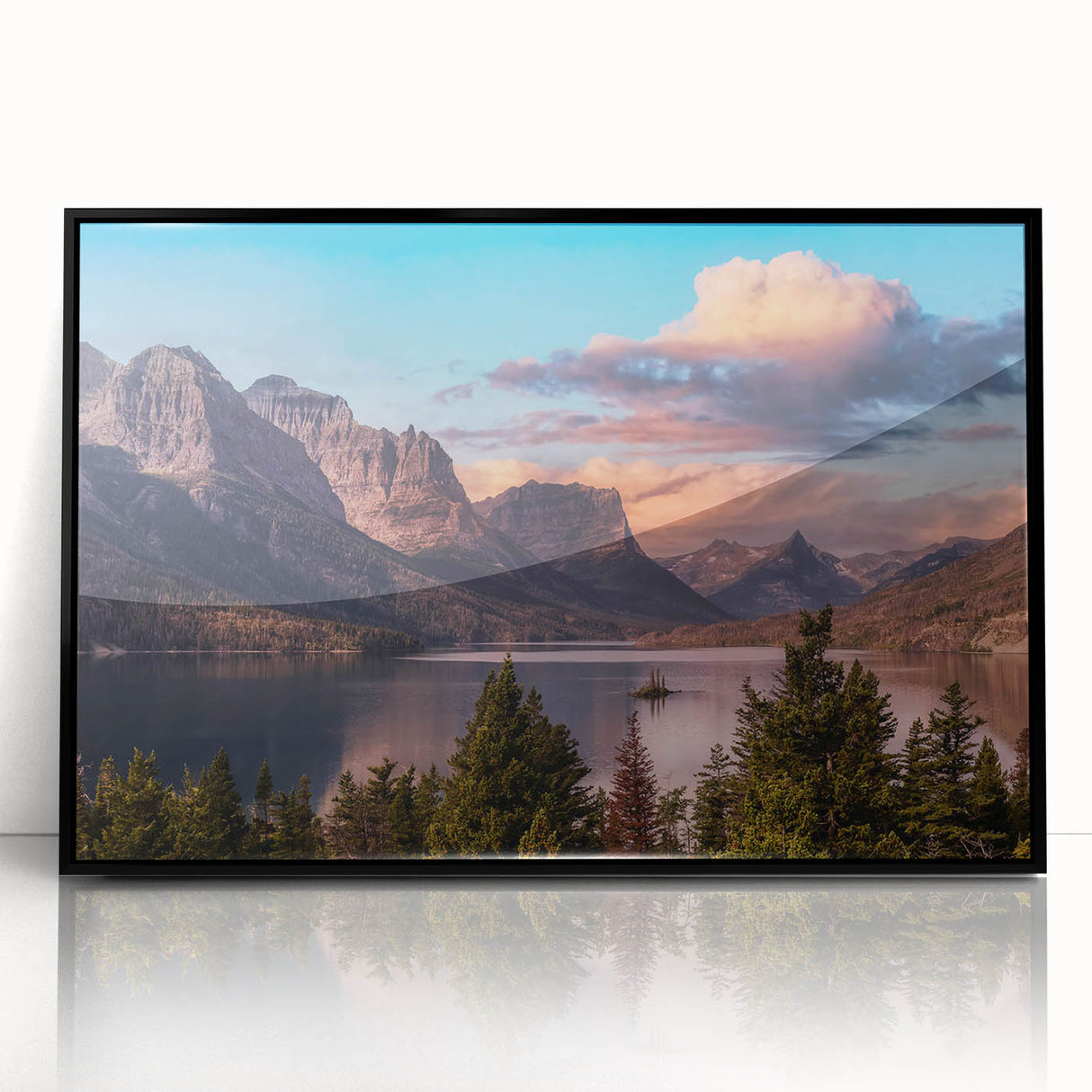 Framed wall art collection showcasing a scenic mountain landscape design in an elegant black frame, featuring vibrant colors and intricate details, perfect for home decor.