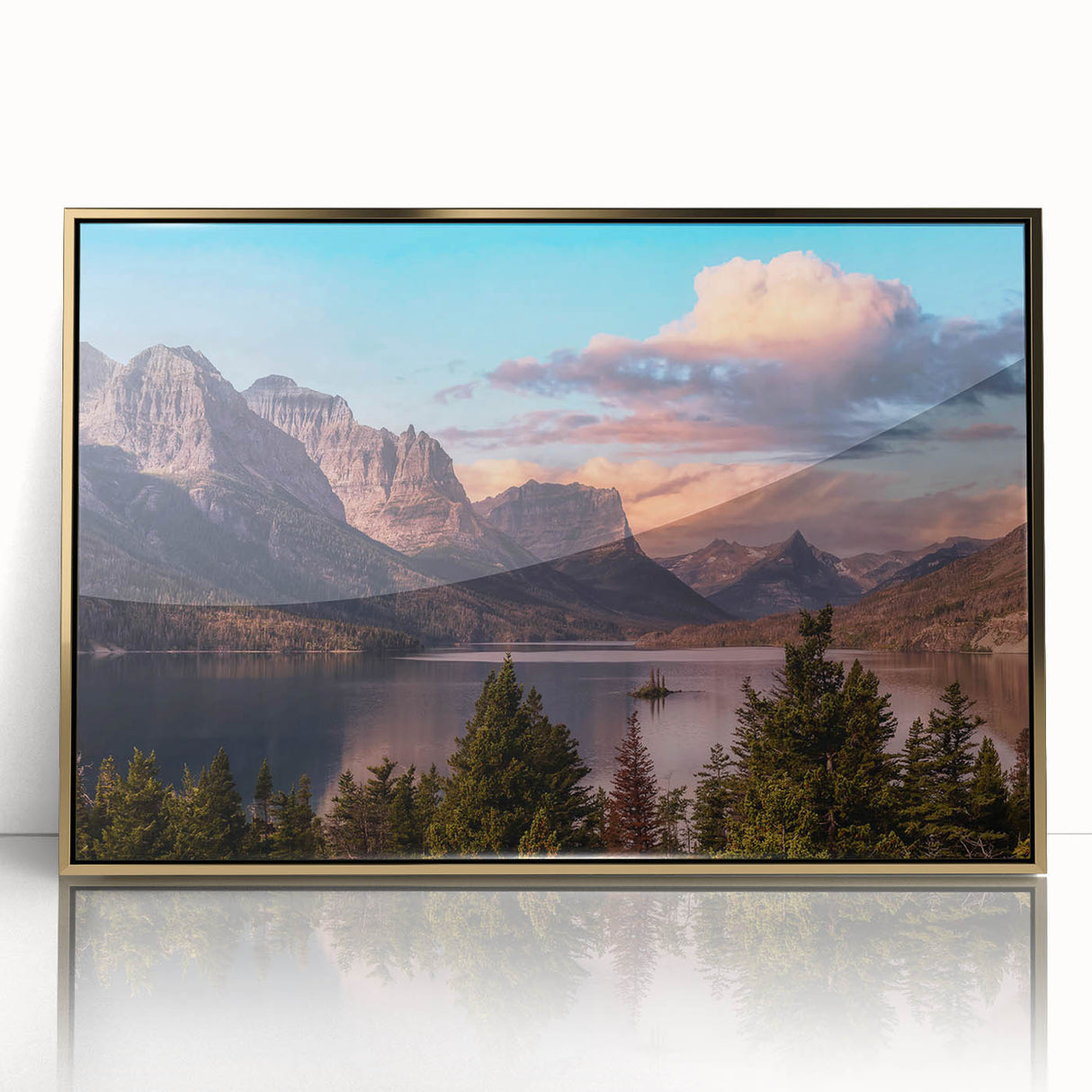 Framed acrylic wall art showcasing a stunning mountain landscape with rich gold accents, designed to enhance modern home decor. Ideal for nature lovers and art enthusiasts.
