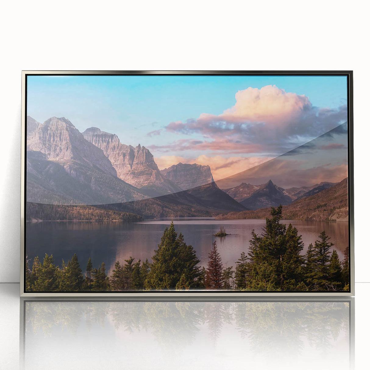 Framed wall art collection featuring a stunning mountain landscape design in acrylic with a sleek silver frame, ideal for modern home decor. The vibrant colors and intricate details create a captivating focal point in any room.