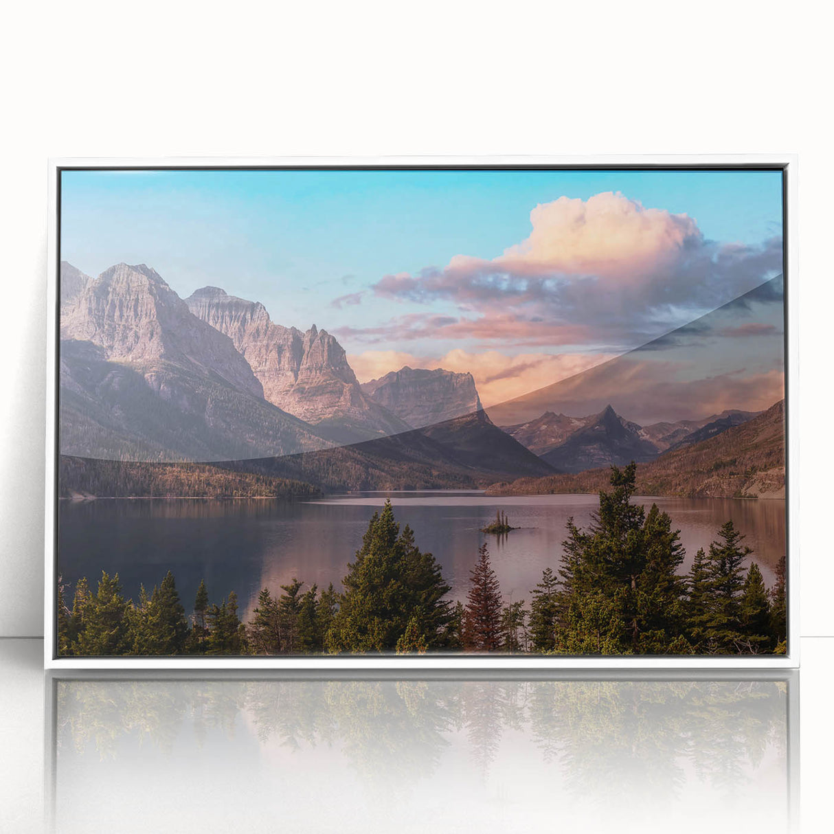 Framed acrylic wall art featuring a stunning mountain landscape design, showcasing vibrant colors and intricate details, set against a sleek white frame, perfect for home decor.