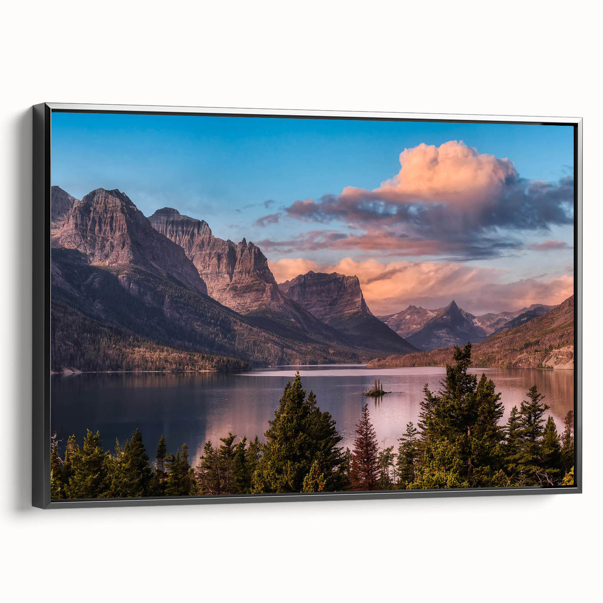 Framed canvas wall art showcasing a stunning mountain landscape design, featuring vibrant colors and intricate details, perfect for home decor. The artwork is presented in a sleek black frame, adding elegance to any room.