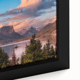 Framed canvas artwork showcasing a close-up of a vibrant mountain landscape design, featuring rich colors and intricate details, perfect for home decor.