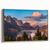 Framed canvas wall art featuring a stunning mountain landscape design in rich colors, accented with gold trim, perfect for modern home decor.