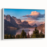 Framed canvas wall art showcasing a stunning mountain landscape design with vibrant colors, elegantly displayed against a white background, perfect for home decor.
