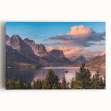 Stretched canvas wall art showcasing a stunning mountain landscape design, featuring vibrant colors and intricate details, perfect for enhancing home decor.