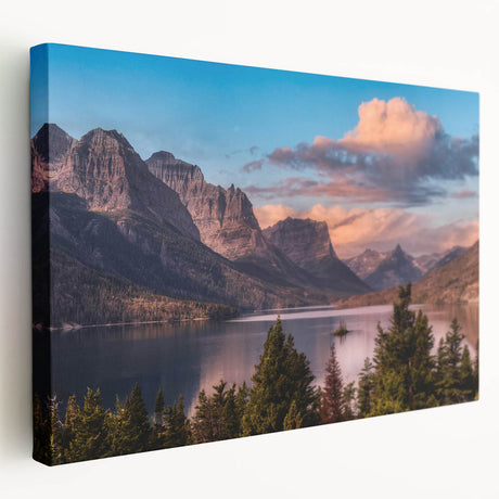 Stretched canvas wall art featuring a stunning mountain landscape design, showcasing vibrant colors and intricate details, perfect for enhancing home decor.