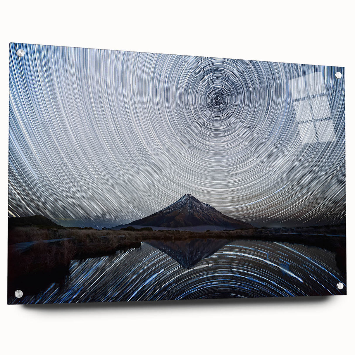 Acrylic glass wall art showcasing a serene mountain landscape design, featuring rich colors and intricate details, displayed on a side view with pins. Perfect for home decor.