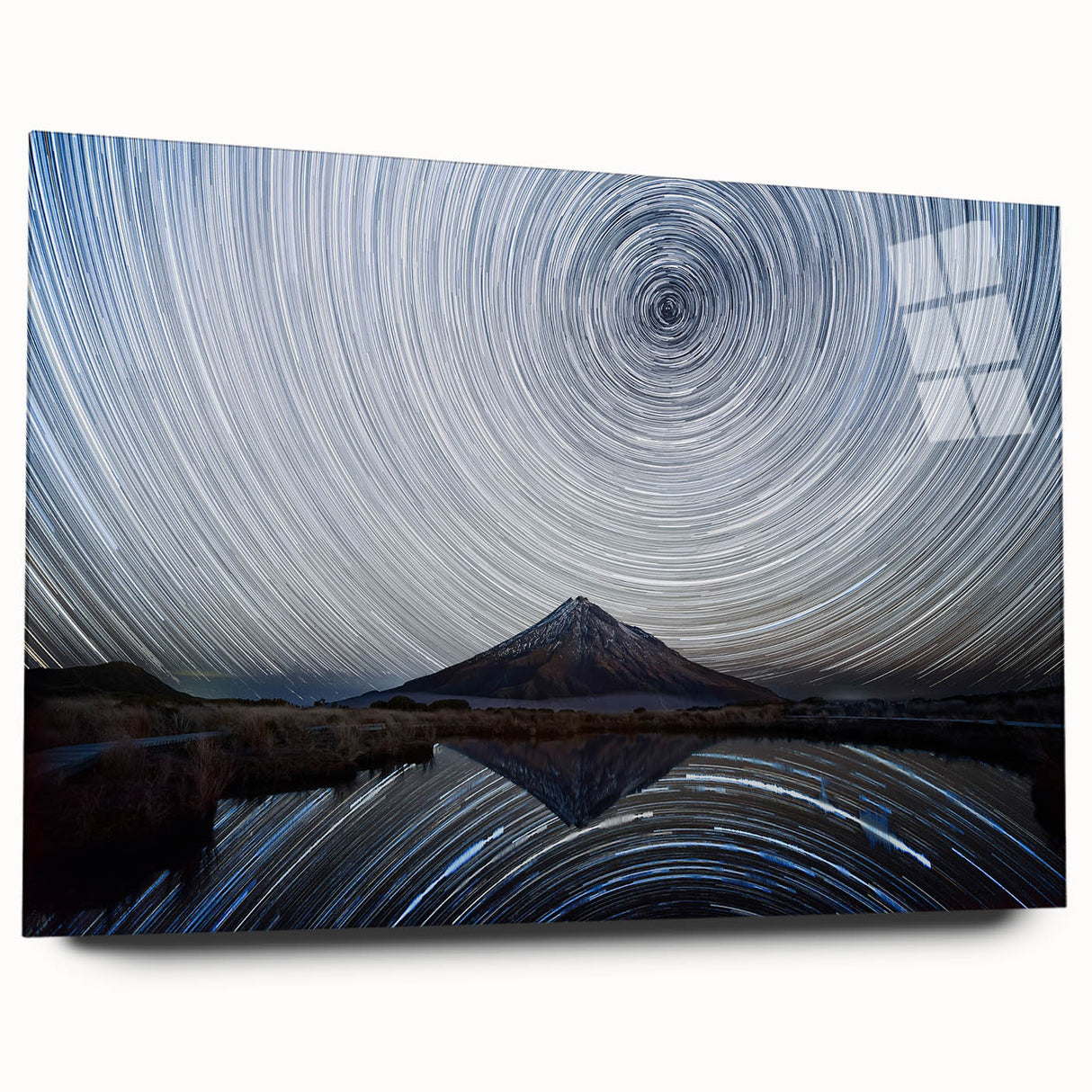 Acrylic glass wall art showcasing a stunning mountain landscape design, framed in a sleek style, perfect for home decor and nature enthusiasts. The vibrant colors and intricate details highlight the beauty of the scene, making it an ideal centerpiece for any room.
