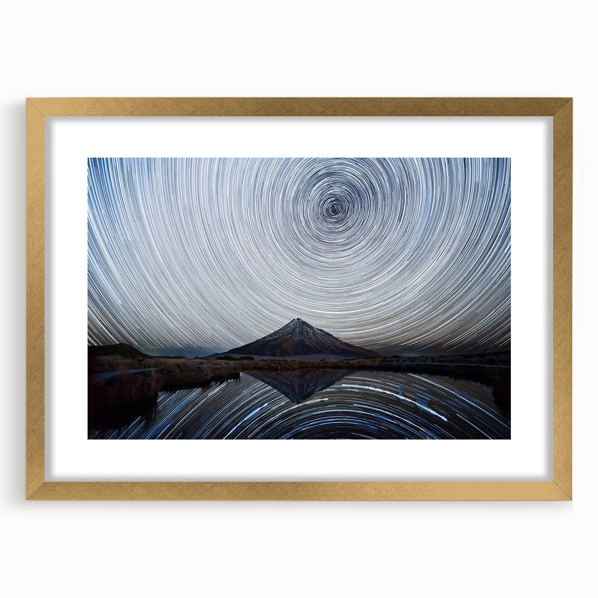 Framed wall art featuring a stunning mountain landscape design with a gold mat, perfect for home decor. Ideal for nature lovers seeking aesthetic elegance.