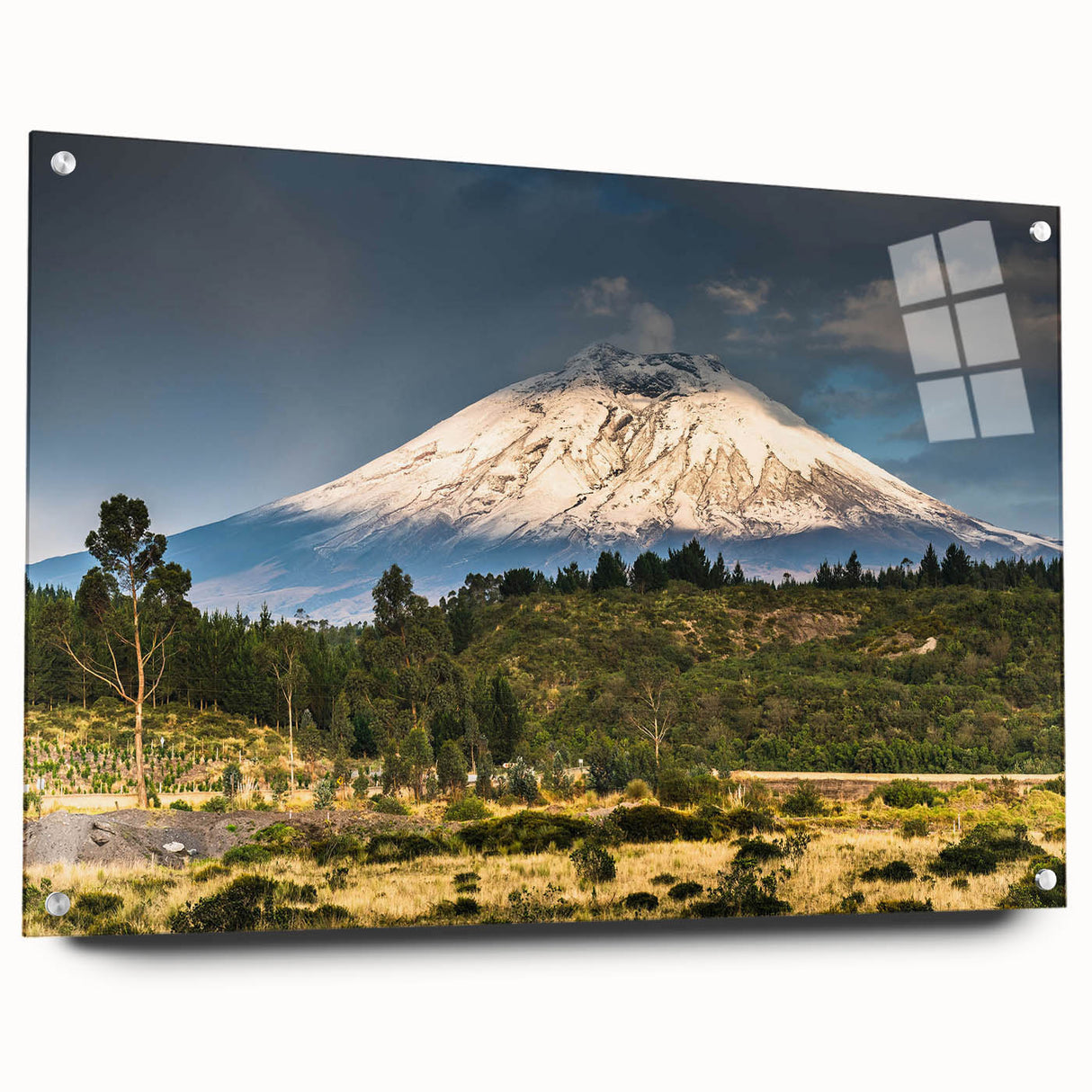 Acrylic-glass wall art showcasing vibrant mountain landscapes in a modern design, displayed from a side view with visible pins, perfect for enhancing home decor.