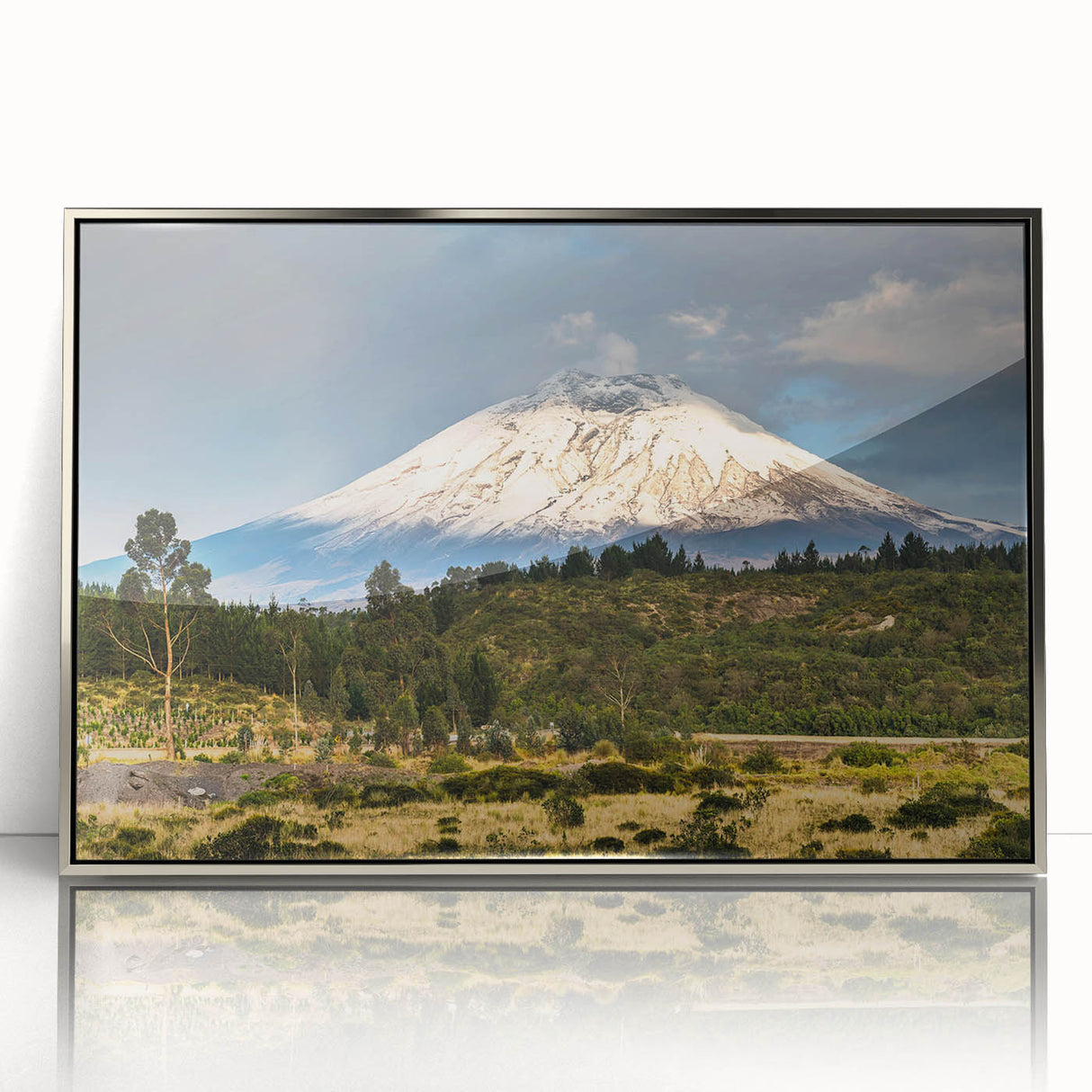 Framed wall art collection showcasing a stunning mountain landscape design with silver acrylic front, perfect for modern home decor. Ideal for nature lovers.