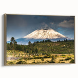 Framed canvas wall art showcasing a stunning mountain landscape design with vibrant colors, gold accents, and a side view, perfect for home decor enthusiasts.