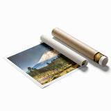 Vibrant rolled print featuring a stunning mountain landscape design, showcasing rich colors and intricate details, ideal for home decor and wall art collections.