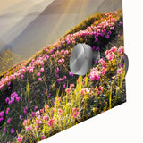 Close-up of a vibrant acrylic glass wall art piece showcasing a stunning mountain landscape design, featuring rich colors and intricate details, perfect for home decor.