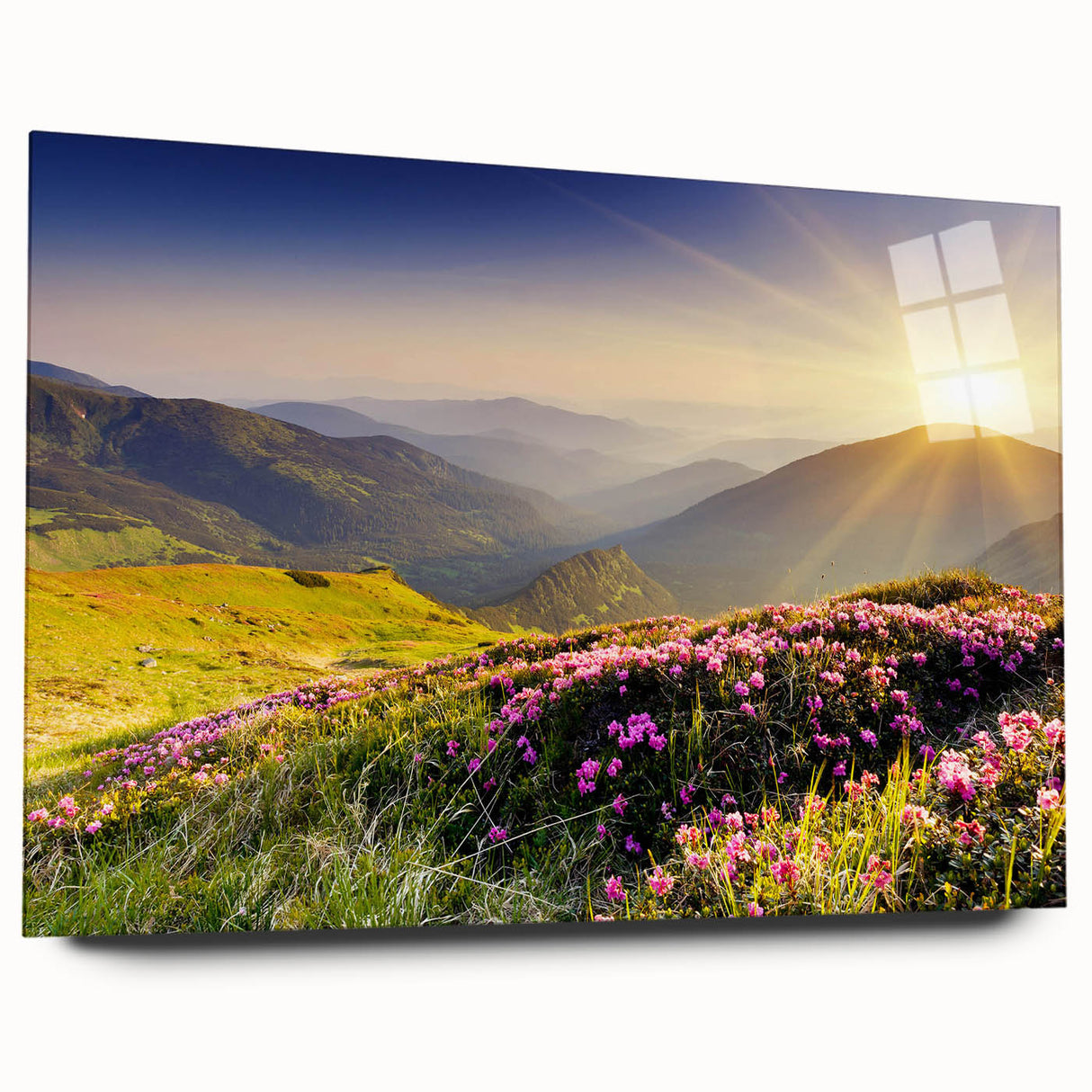 Acrylic glass wall art collection showcasing a stunning landscape of mountains in vibrant colors, viewed from the side, emphasizing depth and detail without pins. Ideal for home decor enthusiasts seeking nature-inspired art.