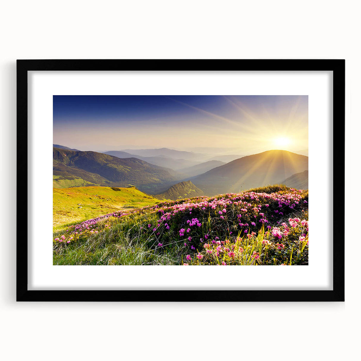 Framed wall art collection showcasing a stunning mountain landscape design, featuring a black frame and mat. Ideal for enhancing modern home decor with nature-inspired aesthetics.