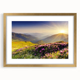 Framed wall art collection featuring a breathtaking mountain landscape design with a gold mat, perfect for enhancing modern home decor. The artwork showcases vibrant colors and intricate details, creating a serene and inspiring atmosphere in any room.