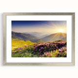 Framed wall art collection showcasing a serene mountain landscape design with a silver mat and frame, perfect for home decor and nature enthusiasts.