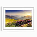 Framed wall art showcasing a serene mountain landscape design, featuring soft pastel colors and a white mat, perfect for enhancing home decor in a modern setting.