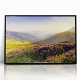 Framed acrylic wall art featuring a serene mountain landscape design, with vivid colors and a sleek black frame, perfect for enhancing home decor aesthetics.