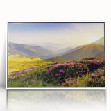 Framed acrylic wall art collection showcasing a serene mountain landscape design, featuring soft blue and green tones, ideal for modern home decor.