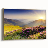 Framed landscape wall art featuring majestic mountains in a gold frame, capturing serene natural beauty and ideal for home decor enhancement.