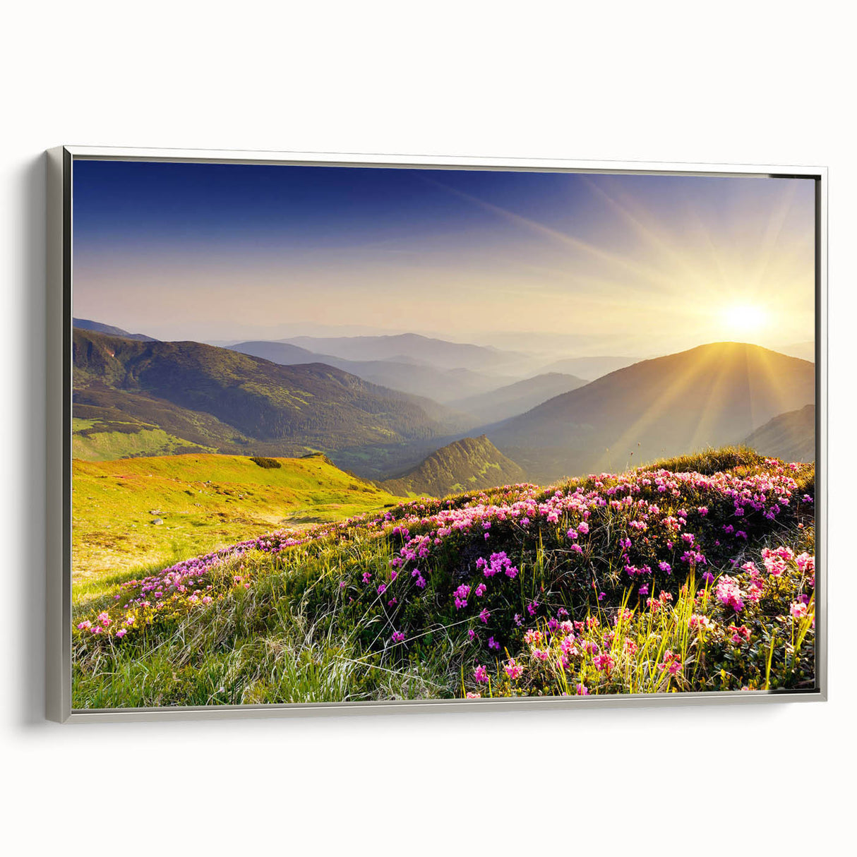 Framed canvas wall art showcasing a stunning mountain landscape with silver accents, perfect for modern home decor, emphasizing nature's beauty and tranquility.
