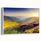 Framed wall art collection showcasing a serene mountain landscape design on a canvas, featuring white borders and a side view perspective, ideal for home decor.