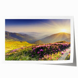 Vibrant rolled print of a mountain landscape in rich blues and greens, showcasing dramatic peaks and serene valleys, ideal for home decor or art collections.