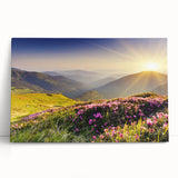 Stretched canvas wall art collection showcasing vibrant mountain landscapes with rich colors, perfect for enhancing interior decor and creating a serene atmosphere.
