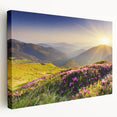 Stretched canvas wall art showcasing a vibrant mountain landscape design, featuring rich colors like blue and green, perfect for home decor or office spaces.