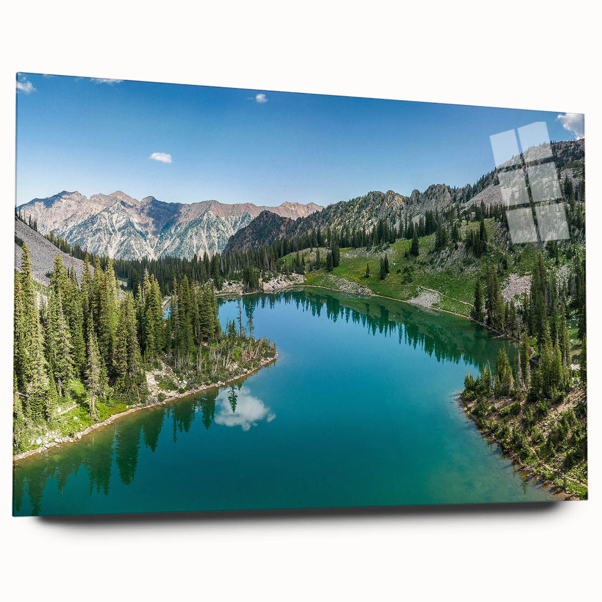 Acrylic glass wall art collection showcasing a stunning mountain landscape design from a side view, beautifully framed without visible pins. Ideal for home decor.