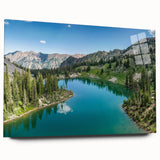 Acrylic glass wall art collection showcasing a stunning mountain landscape design from a side view, beautifully framed without visible pins. Ideal for home decor.