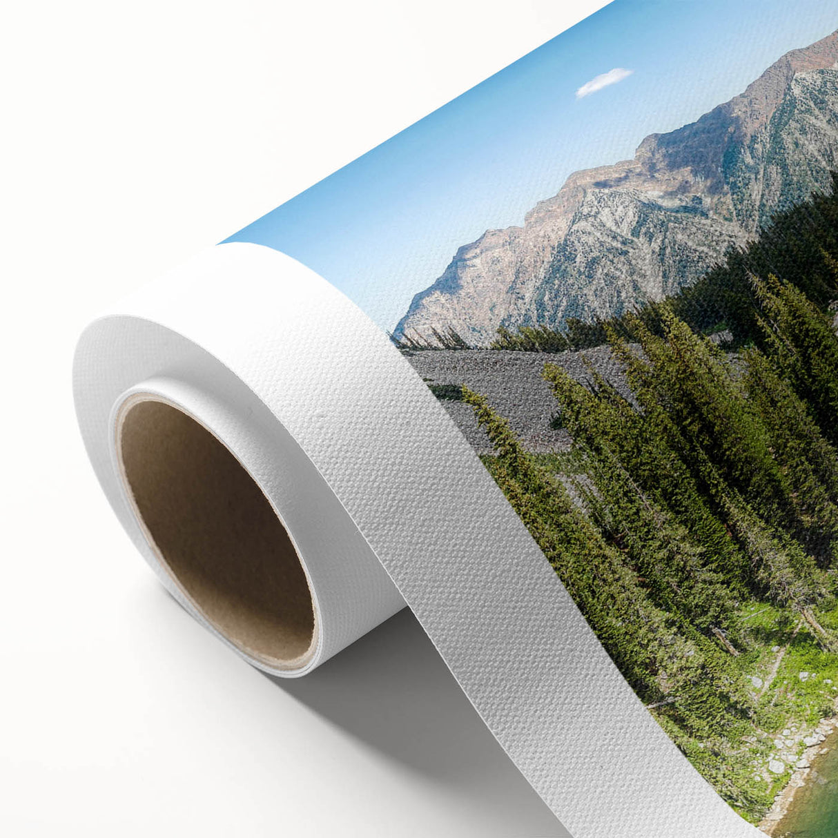 Vibrant rolled canvas wall art depicting a serene mountain landscape with rich colors and intricate details, ideal for home decor and art enthusiasts.