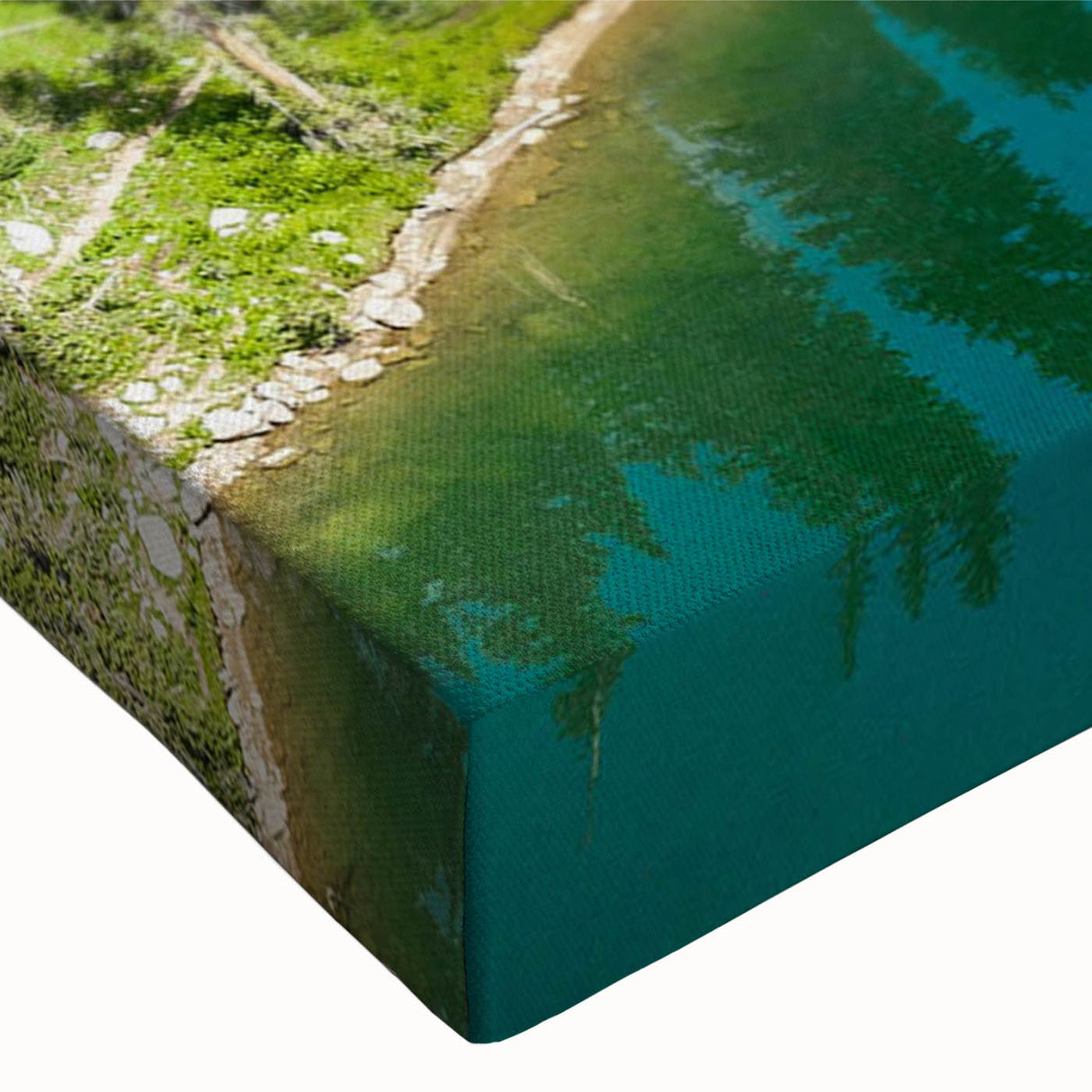 Close-up of a stretched canvas wall art piece showcasing a vibrant mountain landscape design, featuring rich colors and intricate details, ideal for home decor.